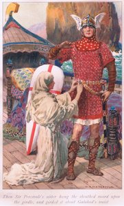 Dann hängte Sir Percivales Schwester das geschlossene Schwert an den Gürtel und gürtete es um Galahads Taille von William Henry Margetson
