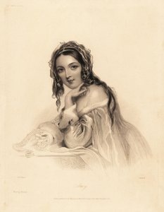 Porträt von Amy. Schönheit mit Schleier über langem Haar, Kleid mit Hermelinbesatz, hält eine Perlenkette. Stahlstich von William Henry Mote nach einer Illustration von John Hayter aus Charles Heaths English Pearls, or Portraits for th