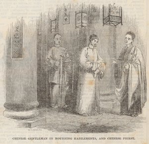 Chinesischer Herr in Trauerkleidung und chinesischer Priester