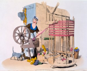 Frau spinnt Wolle auf eine rotierende Maschine zur Herstellung von Strängen, 1808