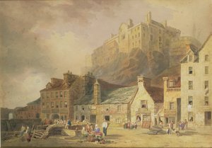 Edinburgh Castle vom Grass Market, zeigt das Little West Port, ca. 1820
