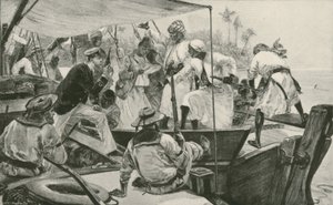 Ein britischer Marineoffizier überprüft eine arabische Sklavendhau (Lithografie) von William Heysham (after) Overend