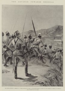 Der Vormarsch nach Dongola, der britische Offizier, der ein Negerbataillon des 11. Sudanesenregiments befehligt, beobachtet seine Männer beim Einschiffen in Shellal am 18. März von William Heysham (after) Overend