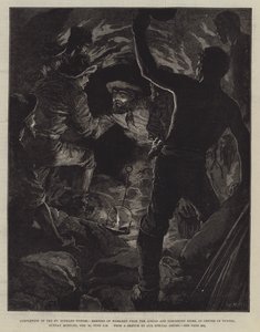 Fertigstellung des St. Gotthard-Tunnels, Treffen der Arbeiter von der Airolo- und Goschenen-Seite im Zentrum des Tunnels, Sonntagmorgen, 29. Februar, neun Uhr