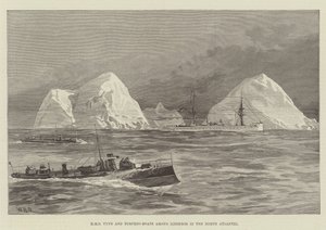 HMS Tyne und Torpedoboote zwischen Eisbergen im Nordatlantik