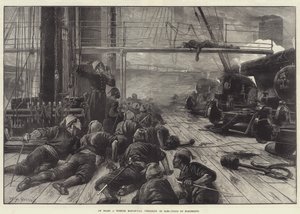 An Bord eines türkischen Kriegsschiffs, das sich auf das Rammen vorbereitet, Schießen durch Elektrizität