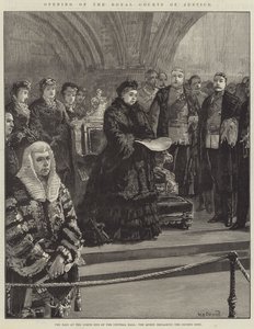Eröffnung der Royal Courts of Justice, das Podium am Nordende der Zentralhalle, die Königin erklärt die Gerichte für eröffnet