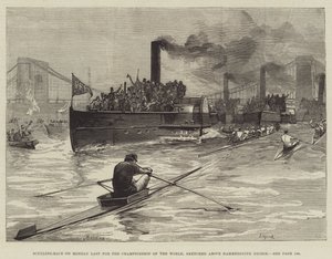 Ruderwettkampf am Montag für die Weltmeisterschaft, skizziert über der Hammersmith-Brücke von William Heysham Overend