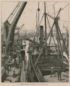 Materialverladung in Woolwich für die Souakim-Bahn (Stich) von William Heysham Overend