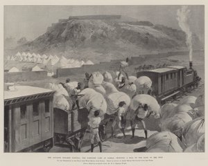 Der Vormarsch nach Dongola, das befestigte Lager in Sarras, das einen Hügel am Ufer des Nils krönt von William Heysham Overend