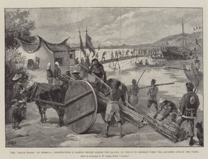 Die schwarzen Flaggen in Formosa, Bau einer Bambusbrücke über die Lagune, um sich beim Angriff der Japaner auf die Forts zurückzuziehen von William Heysham Overend