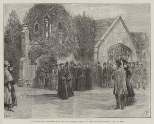 Die Beerdigung des verstorbenen Herzogs von Clarence und Avondale, Besucher in Sandringham warten auf ihren Einlass an der Kirchentür, 18. Januar 1892