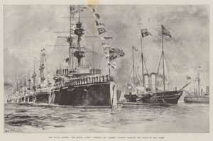 Die Marineparade, die königliche Yacht Victoria und Albert passiert die Linien der Flotte von William Heysham Overend