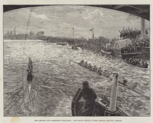 Das Oxford und Cambridge Bootsrennen, die Boote passieren die Barnes Railway Bridge von William Heysham Overend