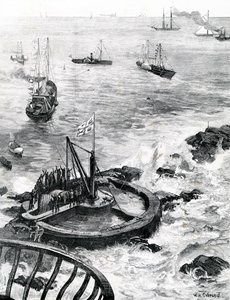 Der Prinz von Wales und der Herzog von Edinburgh legen den Grundstein des neuen Eddystone-Leuchtturms, Illustration aus 
