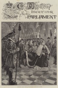 Die Königin trifft ihr neues Parlament, durch den Korridor zum House of Lords gehend von William Heysham Overend