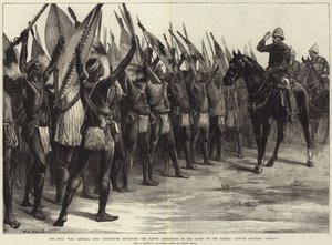 Der Zulukrieg, General Lord Chelmsford überprüft das einheimische Kontingent am Ufer des Tugela, Einheimische rufen H-H-Ooo! von William Heysham Overend