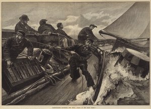 Yacht-Rennen, die Boje umrundend, Hol das Hauptsegel ein!