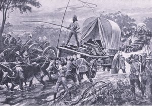 Zulu-Krieg: Die Estowe-Entsatztruppe überquert einen Bach, April 1879, Illustration aus Britische Schlachten zu Land und zu Wasser, 1915