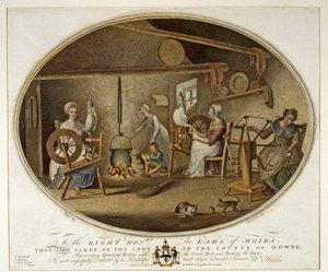 Spinnen, Aufwickeln mit der Uhrspule und Kochen des Garns, Platte VI der Leinenmanufaktur von Irland, 1791 von William Hincks