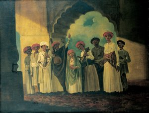 Gruppe indischer Musiker, die eine Sarangi, eine Tambura und Tablas spielen, mit einem Mädchen, das auf einer Terrasse tanzt