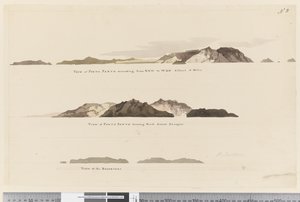 Seite 8 (a) Blick auf Porto Santo von NNW bis WBN in 5 Meilen Entfernung (b) Blick auf Porto Santo nach Norden in 2 Seemeilen Entfernung und (c) Blick auf die Deserteure