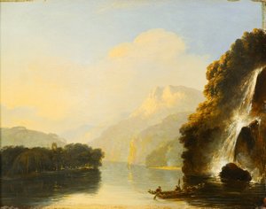 Wasserfall in der Dusky Bay mit einem Maori-Kanu