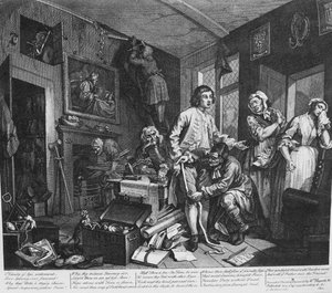 Der Lebensweg eines Wüstlings, Platte 1, Der junge Erbe übernimmt den Besitz des Geizhalses von William Hogarth