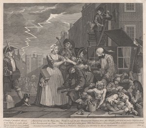 Der Lebenslauf eines Wüstlings, Platte 4: Geht vor Gericht von William Hogarth