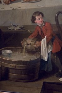 Ein abgelenkter Küchenjunge gießt ein Fass Brandy auf ein halbes Fass schmutziger Abfälle, Detail (Detail) von William Hogarth