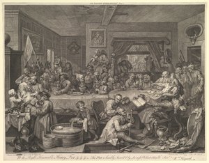 Ein Wahlbankett, Platte I: Vier Drucke einer Wahl von William Hogarth