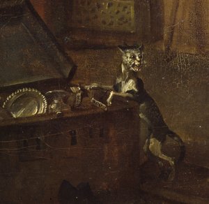Katze mit einer Truhe, Detail aus A Rakes Progress I: Der Wüstling übernimmt seinen Besitz, 1733 (Detail)