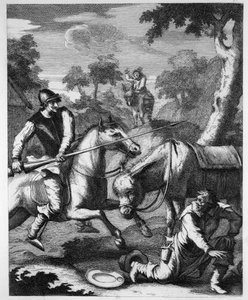 Don Quixote ergreift das Barbierbecken für Mambrinos Helm von William Hogarth