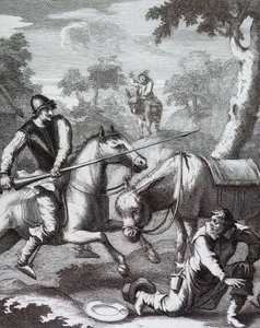 Don Quijote ergreift das Becken des Barbiers für Mambrinos Helm