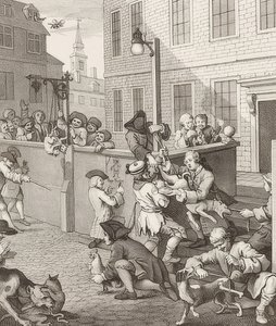 Die erste Stufe der Grausamkeit. Aus: Die vier Stufen der Grausamkeit von William Hogarth