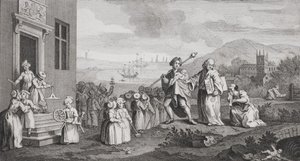 Die Findelkinder, graviert von F. Morellon La Cave von William Hogarth