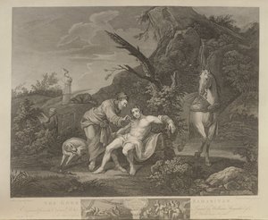 Der barmherzige Samariter, graviert von J.M. Delatre und Simon Francis Ravenet, veröffentlicht von John Boydell (1719-1804) 1772