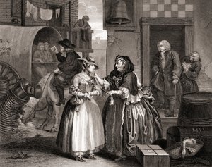 Der Fortschritt der Dirne, verführt von einer Kupplerin, aus Die Werke von Hogarth, veröffentlicht in London 1833 (Kupferstich) von William Hogarth