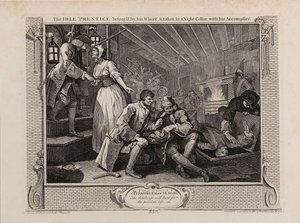 Der faule Lehrling wird von seiner Hure verraten und mit seinem Komplizen in einen Nachtkeller gebracht, 1747