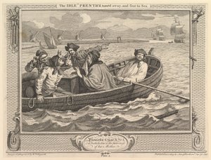 Der faule Lehrling wird weggeschickt und zur See geschickt: Fleiß und Faulheit, Platte 5 (30. September 1747) von William Hogarth
