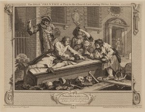 Der faule Lehrling beim Spielen auf dem Kirchhof während des Gottesdienstes von William Hogarth