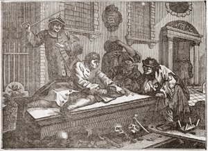 Der faule Lehrling beim Spielen auf dem Kirchhof während des Gottesdienstes - Platte aus einer Serie von 12 Gravuren von William Hogarth (1697-1764), britischer Illustrator, betitelt „Fleiß und Faulheit“, „Der Eifer und die Faulheit“