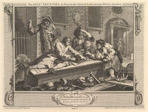 Der faule Lehrling beim Spielen auf dem Kirchhof: Fleiß und Faulheit, Tafel 3, 30. September 1747 von William Hogarth
