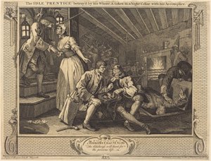 Der faule Lehrling wird von seiner Hure verraten und in einem Nachtkeller mit seinem Komplizen gefangen genommen von William Hogarth