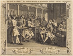 Der fleißige Lehrling, Alderman von London, der faule vor ihm gebracht und von seinem Komplizen angeklagt von William Hogarth