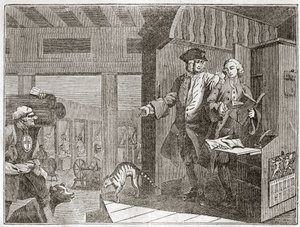 Der fleißige Lehrling, ein Favorit und von seinem Meister vertraut, aus der Serie „Fleiß und Faulheit“ - Platte aus einer Serie von 12 Gravuren von William Hogarth (1697-1764), britischer Illustrator, mit dem Titel „Fleiß und Faulheit“ von William Hogarth
