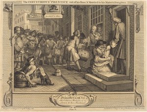 Der fleißige Lehrling, der seine Zeit beendet hat und die Tochter seines Meisters heiratet von William Hogarth