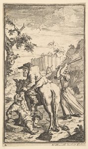 Trulla greift Hudibras an, siebzehn kleine Illustrationen für Samuel Butlers Hudibras..., 1721-26 von William Hogarth