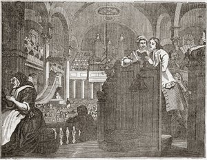 Der fleißige Lehrling, der die Pflicht eines Christen erfüllt, aus der Serie „Industry and Idleness“, Oktober 1747 - Platte aus einer Serie von 12 Stichen von William Hogarth, britischer Illustrator, betitelt „Industry and Idleness“. von William Hogarth