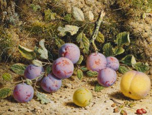 Stillleben mit Pflaumen, einem Pfirsich und Hagebutten von William Hough